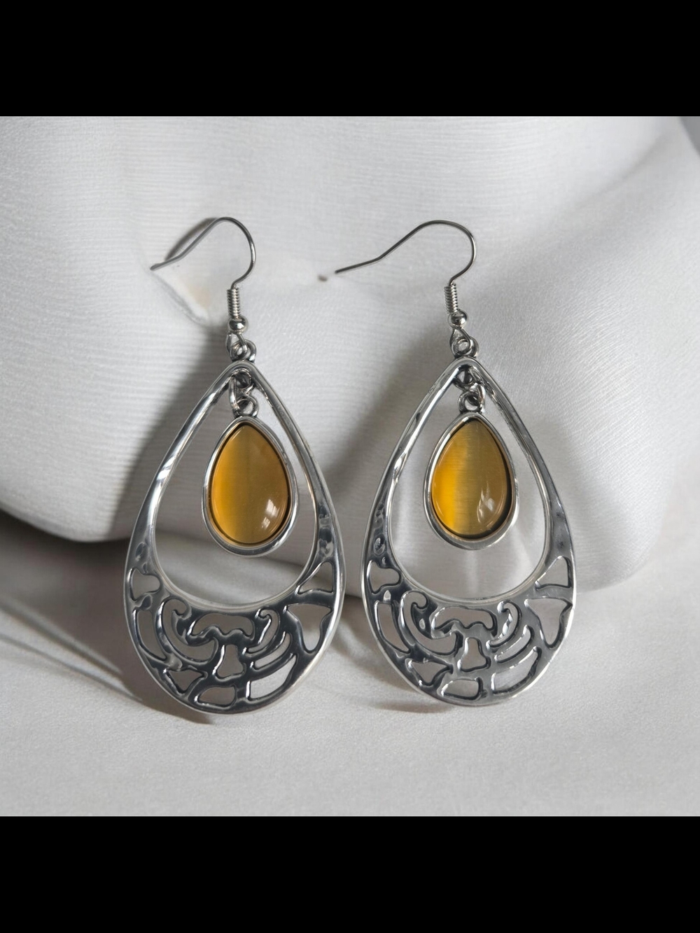 paparazzi Silver Teardrop Earrings with Yellow Cabochons